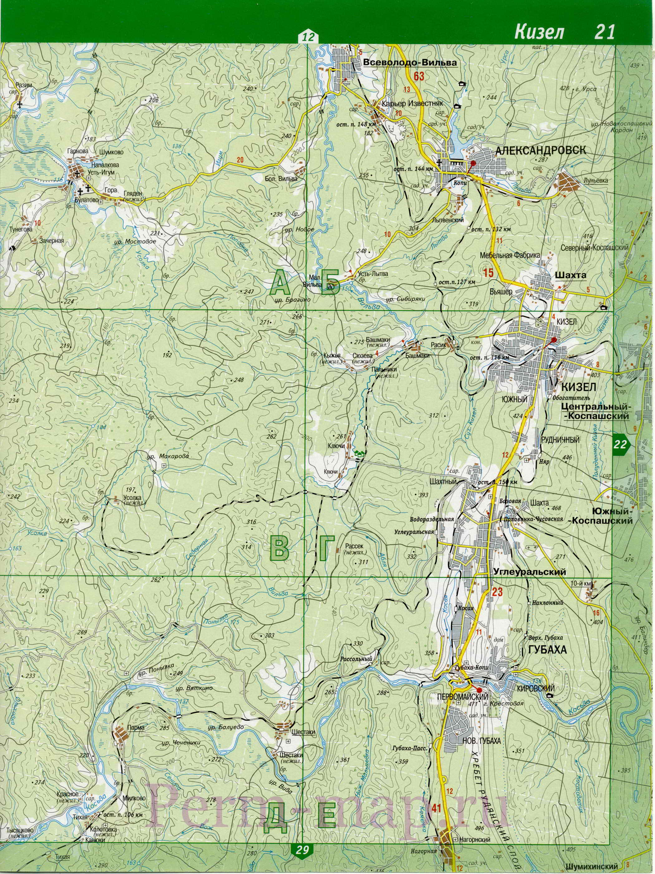 Александровский район Пермского края - топографическая карта. Подробная карта Александровского района, A0 - 
