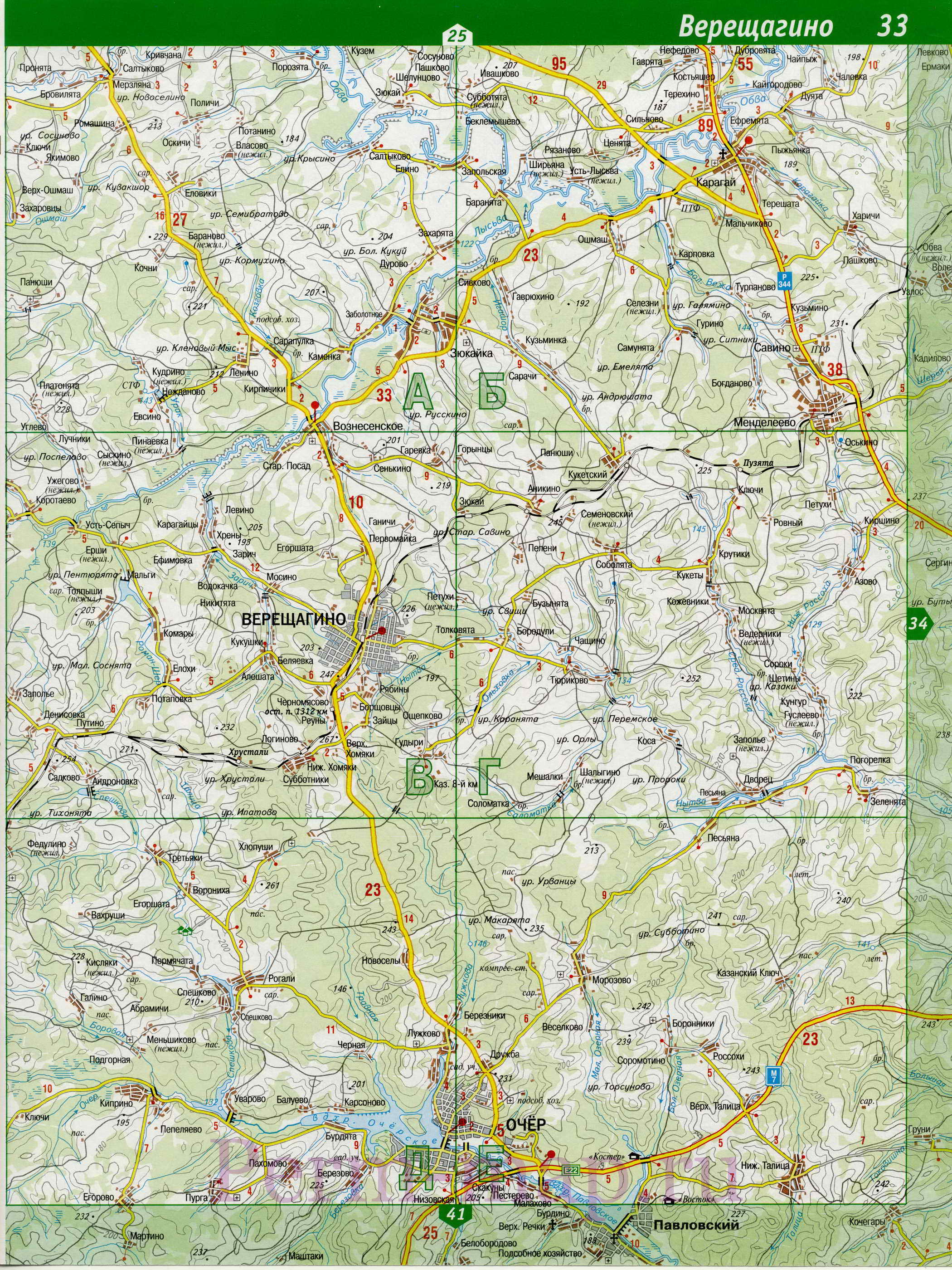 Верещагинский район на подробной карте. Топографическая карта Верещагинского района, B0 - 